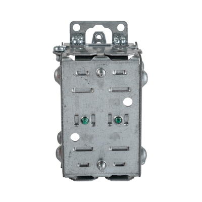 Arani 1102-L gangable device box, 2 in deep, NMD90, ears, rear view with clamp slots and green screw tips