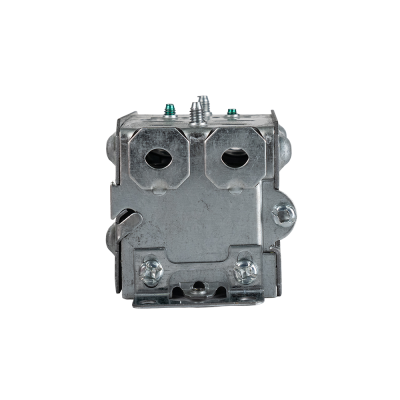 Arani 1102-L gangable device box, 2 in deep, NMD90, ears, side view with two open octagonal end knockouts
