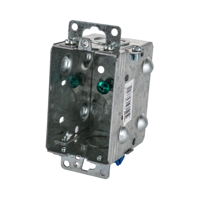 Arani 1104-K gangable device box, 2-1/2 in deep, knockouts, recessed ears, three-quarter view with green grounding screws