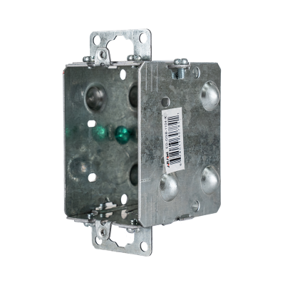 Arani 1104-K gangable device box, 2-1/2 in deep, knockouts, recessed ears, three-quarter view with barcode label on side wall