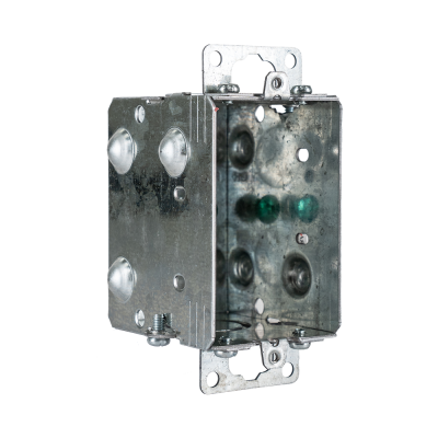 Arani 1104-K gangable device box, 2-1/2 in deep, knockouts, recessed ears, rear three-quarter view with side-wall knockouts
