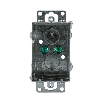 Arani 1104-K gangable device box, 2-1/2 in deep, knockouts, recessed ears, front view with two green grounding screws centred