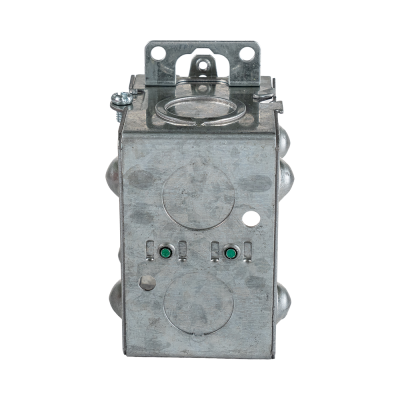 Arani 1104-K gangable device box, 2-1/2 in deep, knockouts, recessed ears, rear view with bracket over rear knockout opening