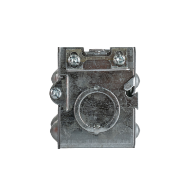 Arani 1104-K gangable device box, 2-1/2 in deep, knockouts, recessed ears, bottom view with round knockout ring on bottom