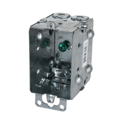 Arani 1104-L gangable device box, 2-1/2 in deep, NMD90, ears, three-quarter view with green grounding screws and floor clamp