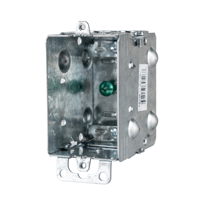 Arani 1104-L gangable device box, 2-1/2 in deep, NMD90, ears, three-quarter view with barcode label and side dimples