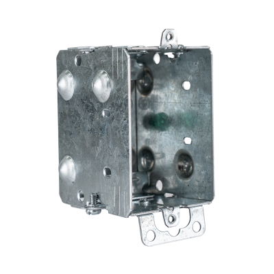 Arani 1104-L gangable device box, 2-1/2 in deep, NMD90, ears, rear three-quarter view with side-wall dimples