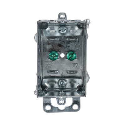 Arani 1104-L gangable device box, 2-1/2 in deep, NMD90, ears, front view with green grounding screws between clamps