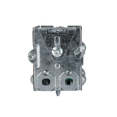 Arani 1104-L gangable device box, 2-1/2 in deep, NMD90, ears, bottom view: clamp openings with centre bracket screw
