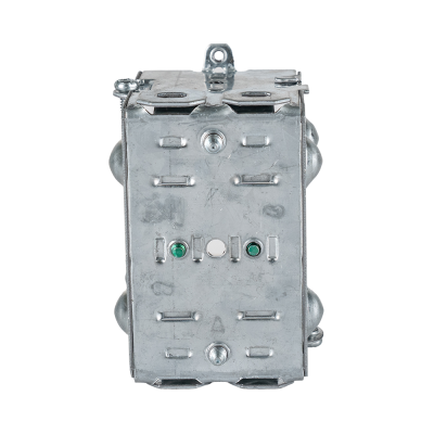 Arani 1104-L gangable device box, 2-1/2 in deep, NMD90, ears, rear view with rear panel embossed slots and screws