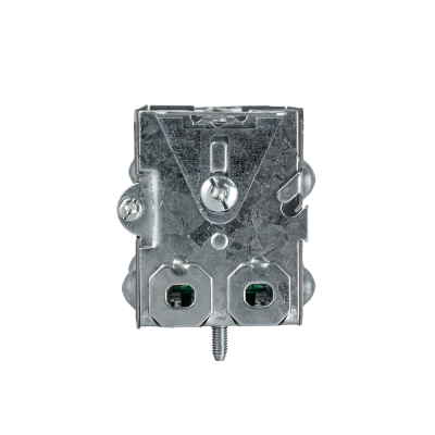 Arani 1104-LA gangable device box, 2-1/2 in deep, AC90, ears, bottom view with two clamp openings and nail tip