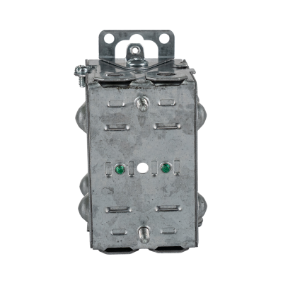 Arani 1104-LA gangable device box, 2-1/2 in deep, AC90, ears, rear view: rear slots with green grounding screws
