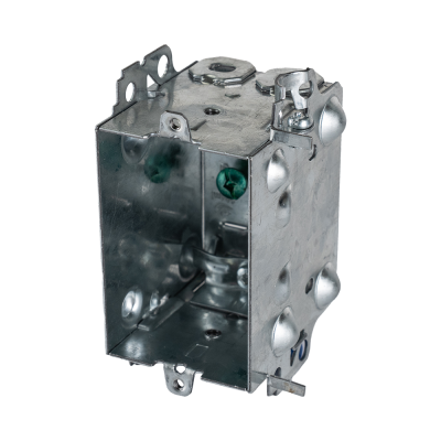 Arani 1104-LH gangable device box, 2-1/2 in deep, 12.5 cu in, no ears, three-quarter view with nail-in positioning tabs