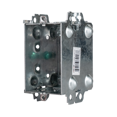 Arani 1104-LH gangable device box, 2-1/2 in deep, 12.5 cu in, no ears, three-quarter view with barcode label and side dimples