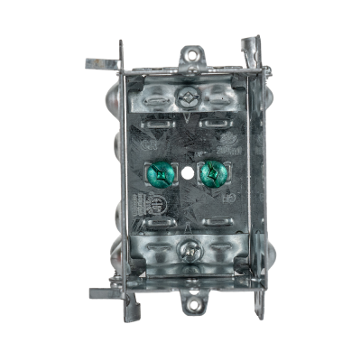 Arani 1104-LH gangable device box, 2-1/2 in deep, 12.5 cu in, no ears, front view with green grounding screws and clamps