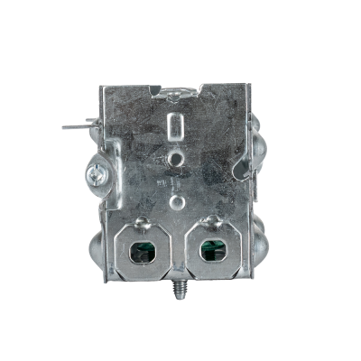 Arani 1104-LH gangable device box, 2-1/2 in deep, 12.5 cu in, no ears, bottom view with two clamp openings