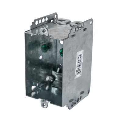 Arani 2104-LLE 1-gang device box, 2-1/2 in deep, NMD90, three-quarter view with green grounding screws and bracket label
