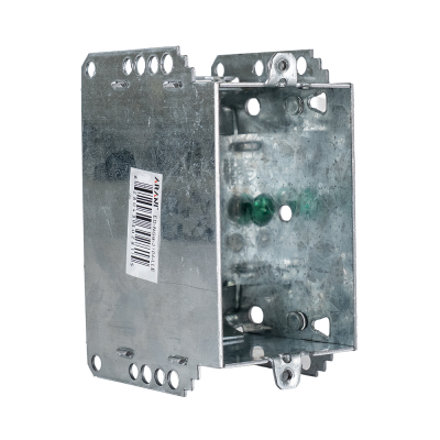 Arani 2104-LLE 1-gang device box, 2-1/2 in deep, NMD90, rear three-quarter view with barcode label on flat stud bracket