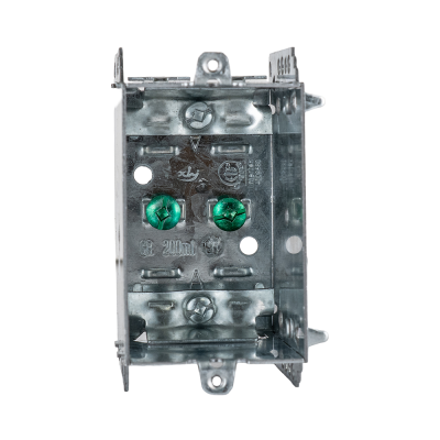Arani 2104-LLE 1-gang device box, 2-1/2 in deep, NMD90, front view with two green grounding screws centred inside