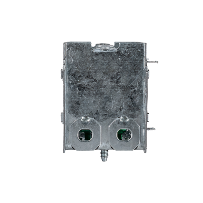 Arani 2104-LLE 1-gang device box, 2-1/2 in deep, NMD90, top view with two armoured cable clamp entry holes