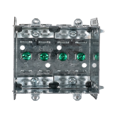 Arani 2104-LLE-2 2-gang device box, 2-1/2 in deep, NMD90, front view with four green grounding screws in a row
