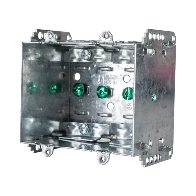 Arani 2104-LLE-2 2-gang device box, 2-1/2 in deep, NMD90, three-quarter view: open front with side bracket plate