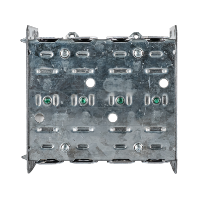 Arani 2104-LLE-2 2-gang device box, 2-1/2 in deep, NMD90, rear view with grounding screw tips through rear wall