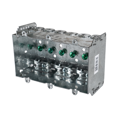 Arani 2104-LLE-3 3-gang device box, 2-1/2 in deep, NMD90, three-quarter view with six clamp collars along top wall
