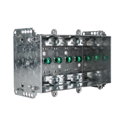 Arani 2104-LLE-3 3-gang device box, 2-1/2 in deep, NMD90, three-quarter view: left bracket plate with nail tabs