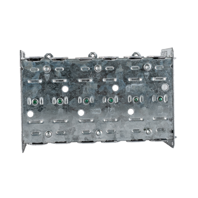 Arani 2104-LLE-3 3-gang device box, 2-1/2 in deep, NMD90, rear view with grounding screw tips and clamp embossments