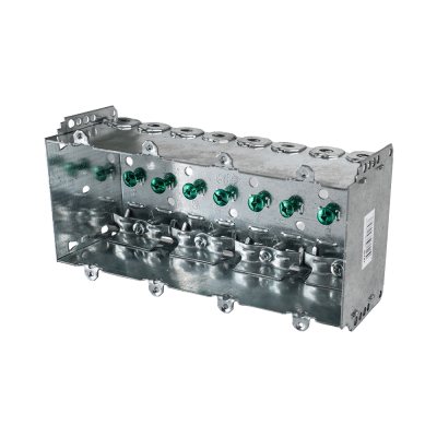 Arani 2104-LLE-4 4-gang device box, 2-1/2 in deep, NMD90, three-quarter view with eight clamp collars along top wall
