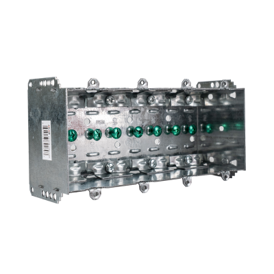 Arani 2104-LLE-4 4-gang device box, 2-1/2 in deep, NMD90, rear three-quarter view with barcode label on end bracket plate