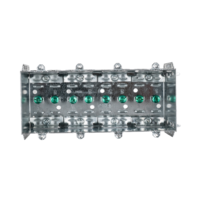 Arani 2104-LLE-4 4-gang device box, 2-1/2 in deep, NMD90, front view with eight green grounding screws in a row