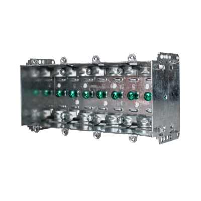 Arani 2104-LLE-4 4-gang device box, 2-1/2 in deep, NMD90, three-quarter view: long open front with end bracket