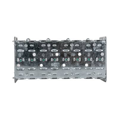 Arani 2104-LLE-4 4-gang device box, 2-1/2 in deep, NMD90, rear view with clamp screws and grounding screw tips