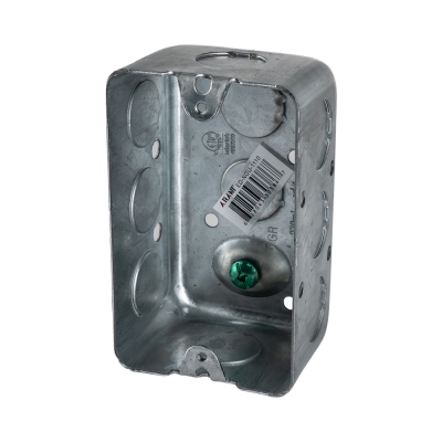 Arani 1110 utility box, 1-7/8 in deep, 16.5 cu in, knockouts, three-quarter view with green grounding screw and barcode label
