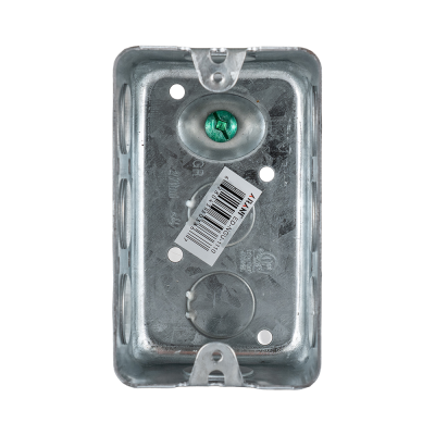 Arani 1110 utility box, 1-7/8 in deep, 16.5 cu in, knockouts, front view with green grounding screw and mounting ears