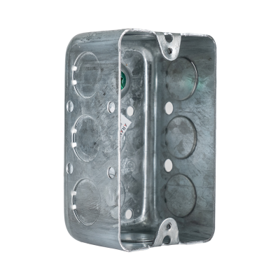 Arani 1110 utility box, 1-7/8 in deep, 16.5 cu in, knockouts, three-quarter view with conduit knockouts across side wall