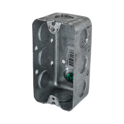 Arani 2020 utility box, 1-7/8 in deep, 14 cu in, knockouts, three-quarter view with green grounding screw and barcode label