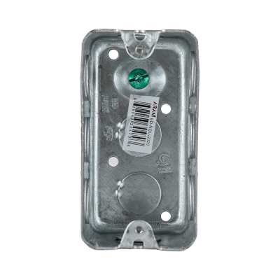 Arani 2020 utility box, 1-7/8 in deep, 14 cu in, knockouts, front view with green grounding screw and deep interior