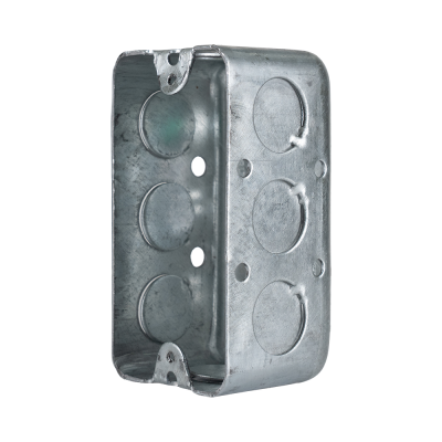 Arani 2020 utility box, 1-7/8 in deep, 14 cu in, knockouts, rear three-quarter view with rows of side knockouts