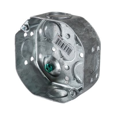 Arani 54151-K octagon junction box, 1-1/2 in deep, knockouts, three-quarter view with green grounding screw in the floor