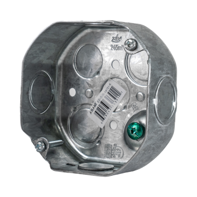 Arani 54151-K octagon junction box, 1-1/2 in deep, knockouts, three-quarter view with grounding screw beside side knockout