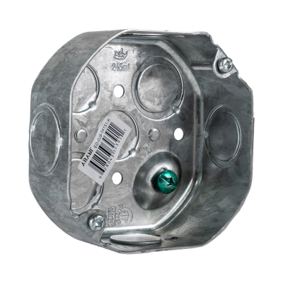 Arani 54151-K octagon junction box, 1-1/2 in deep, knockouts, three-quarter view with open octagon front and grounding screw