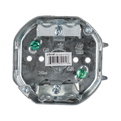 Arani 54151-L octagon junction box, 1-1/2 in deep, NMD90, front view with two cable clamps and grounding screws
