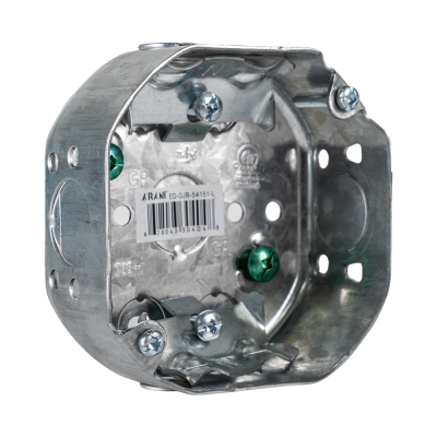 Arani 54151-L octagon junction box, 1-1/2 in deep, NMD90, three-quarter view with cable clamps top and bottom