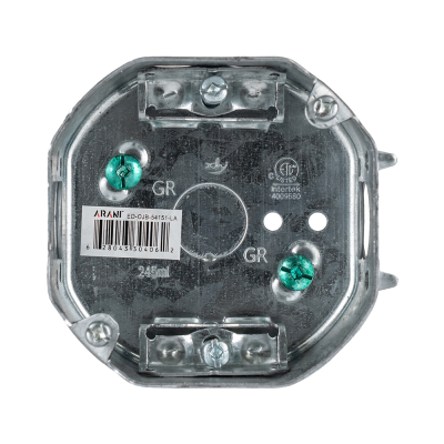 Arani 54151-LA octagon junction box, 1-1/2 in deep, AC90, front view with two clamps and grounding screws