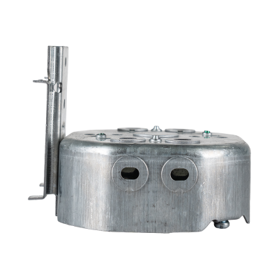 Arani 54151-LB octagon box, 1-1/2 in deep, side mount bracket, side view with tall side mount bracket profile