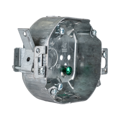 Arani 54151-LD octagon ceiling box, 1-1/2 in deep, swing-arm brackets, three-quarter view with bracket assembly