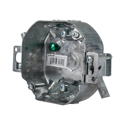 Arani 54151-LD octagon ceiling box, 1-1/2 in deep, swing-arm brackets, three-quarter view: bracket assembly with adjusting